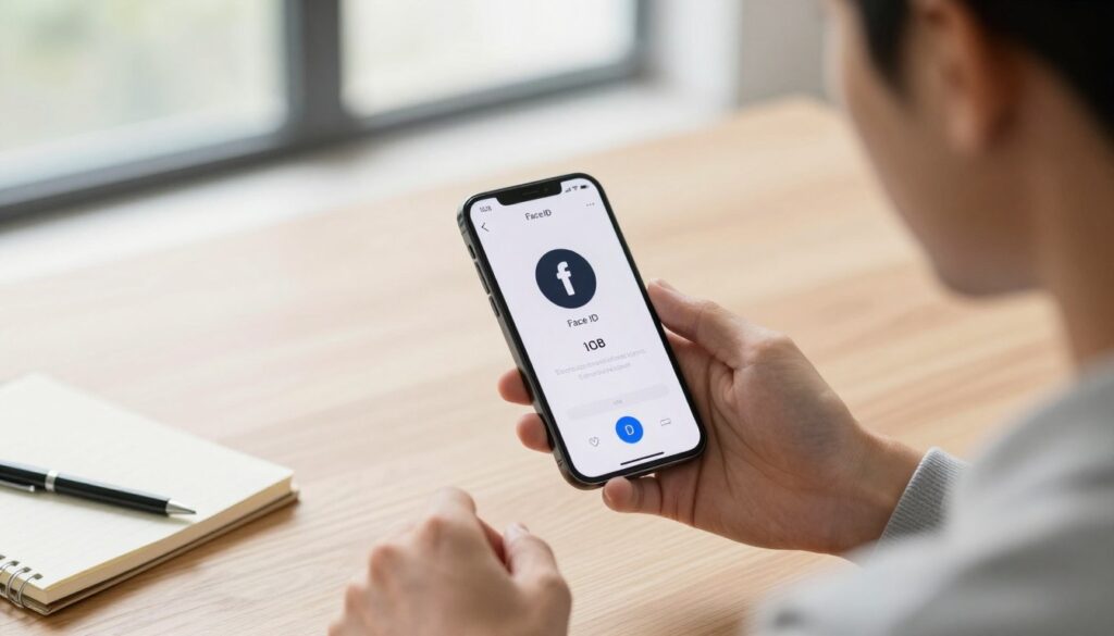 A professional, modern workspace featuring an iPhone displaying the Face ID setup screen. In the foreground, a close-up view of the iPhone is held by a person in casual but neat clothing, demonstrating the Face ID functionality. The user’s face is partially visible, showing a focused expression as they look at the phone. In the middle, a clean wooden desk with minimalistic accessories, like a notebook and a pen, creates a tidy atmosphere. Soft, diffused natural light spills in from a large window in the background, illuminating the scene and casting gentle shadows. The mood is calm and informative, suitable for a tech-savvy audience eager to learn about iOS 18 security features. A professional, modern workspace featuring an iPhone displaying the Face ID setup screen. In the foreground, a close-up view of the iPhone is held by a person in casual but neat clothing, demonstrating the Face ID functionality. The user’s face is partially visible, showing a focused expression as they look at the phone. In the middle, a clean wooden desk with minimalistic accessories, like a notebook and a pen, creates a tidy atmosphere. Soft, diffused natural light spills in from a large window in the background, illuminating the scene and casting gentle shadows. The mood is calm and informative, suitable for a tech-savvy audience eager to learn about iOS 18 security features.