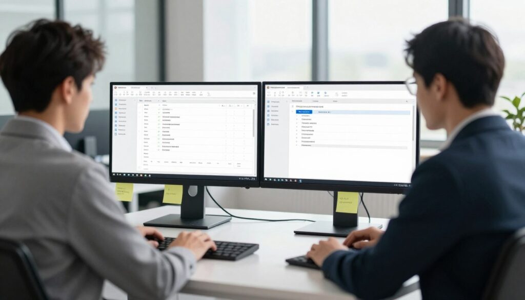 A professional task manager working diligently at a modern, sleek desk in a well-lit office space. The foreground features a focused individual wearing business attire, intently examining a computer screen displaying a task management interface with various background applications listed. In the middle ground, a detailed view of a stylish desktop setup, showcasing a dual-monitor arrangement with organized files and post-it notes, indicating productivity. The background highlights a minimalist office environment with large windows allowing natural light to illuminate the room, creating a bright and energetic atmosphere. Utilize a shallow depth of field to draw attention to the subject while subtly blurring the surroundings. The overall mood should convey efficiency, professionalism, and a sense of control in managing tasks and applications seamlessly. A professional task manager working diligently at a modern, sleek desk in a well-lit office space. The foreground features a focused individual wearing business attire, intently examining a computer screen displaying a task management interface with various background applications listed. In the middle ground, a detailed view of a stylish desktop setup, showcasing a dual-monitor arrangement with organized files and post-it notes, indicating productivity. The background highlights a minimalist office environment with large windows allowing natural light to illuminate the room, creating a bright and energetic atmosphere. Utilize a shallow depth of field to draw attention to the subject while subtly blurring the surroundings. The overall mood should convey efficiency, professionalism, and a sense of control in managing tasks and applications seamlessly.