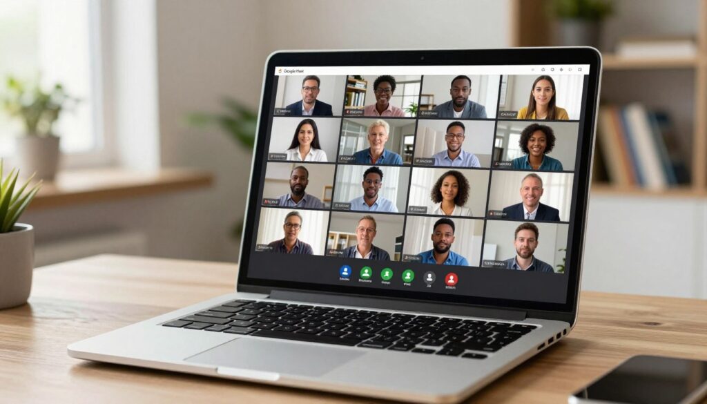 A professional virtual meeting setting showcasing the "Google Meet" interface, depicting a computer screen with a grid layout of diverse participants in a video call, emphasizing the limitation of participants. In the foreground, a modern laptop with a polished silver finish is open, displaying vibrant thumbnails of well-dressed individuals engaged in the call, including a mix of genders and ethnicities, all appearing focused and engaged. In the middle, subtle icons highlighting participant limits and session durations overlay the screen. In the background, a softly lit contemporary workspace conveys a sense of productivity, with a bookshelf and potted plants adding a touch of warmth. The overall atmosphere is professional yet inviting, using natural lighting to illuminate the scene and create a dynamic yet balanced feel, perfect for a tech-savvy audience.