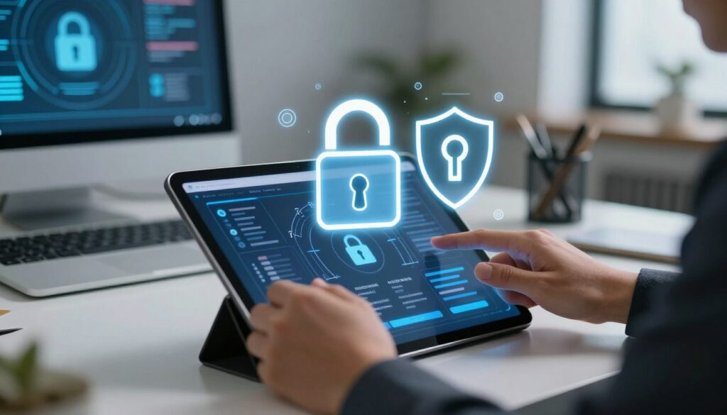 A professional workspace featuring a digital tablet displaying a locked application interface, symbolizing application security practices. In the foreground, a pair of hands, dressed in smart casual attire, interact with the tablet. In the middle ground, a stylized padlock and a shield icon are superimposed over the tablet screen, representing security and best practices. The background shows a softly lit office environment with abstract tech-themed decor, hinting at innovation and security. Soft, cool lighting emphasizes the atmosphere of professionalism and safety. A shallow depth of field blurs the background slightly, directing focus towards the hands and the tablet, creating a sense of importance around application security. A professional workspace featuring a digital tablet displaying a locked application interface, symbolizing application security practices. In the foreground, a pair of hands, dressed in smart casual attire, interact with the tablet. In the middle ground, a stylized padlock and a shield icon are superimposed over the tablet screen, representing security and best practices. The background shows a softly lit office environment with abstract tech-themed decor, hinting at innovation and security. Soft, cool lighting emphasizes the atmosphere of professionalism and safety. A shallow depth of field blurs the background slightly, directing focus towards the hands and the tablet, creating a sense of importance around application security.