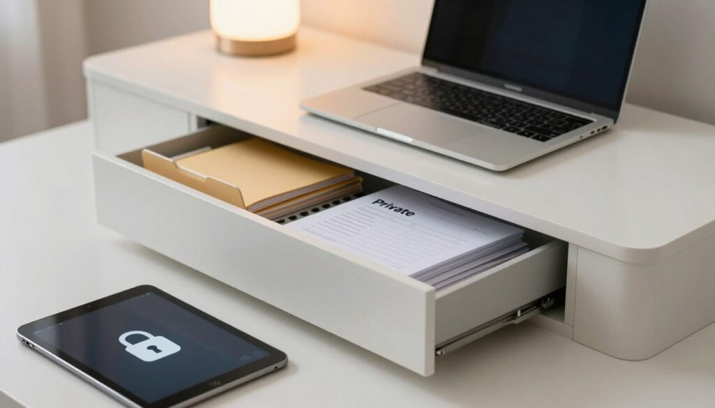 A serene and minimalistic digital workspace, showcasing a sleek computer desk with a laptop closed, symbolizing privacy and discretion. In the foreground, a digital tablet displays a lock icon, hinting at hidden applications. The middle layer features an open drawer with neatly arranged folders and documents labeled "Private," suggesting organized content. Background elements include soft, ambient lighting emanating from a nearby lamp, creating a warm and inviting atmosphere. The scene emphasizes a sense of calm and focus, embodying the concept of personal space and privacy in digital content management. Use a soft focus lens effect to enhance the serene mood.