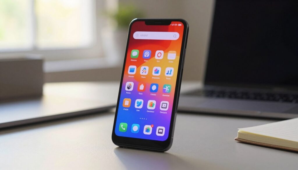 A sleek Android smartphone displayed prominently in the foreground, its screen illuminated to showcase a colorful app drawer filled with various application icons. Surrounding the phone, subtle reflections of a modern workspace, including a desk with a laptop and a notepad, giving a sense of productivity. The middle background features soft bokeh with muted colors, suggesting a calm environment. Warm, natural window light filters in, casting gentle shadows that enhance the phone's sleek design. The angle is slightly tilted, emphasizing the user-friendly interface of the Android operating system. The focus is on the phone and its screen, evoking a sense of curiosity and exploration, ideal for illustrating techniques to find hidden applications.