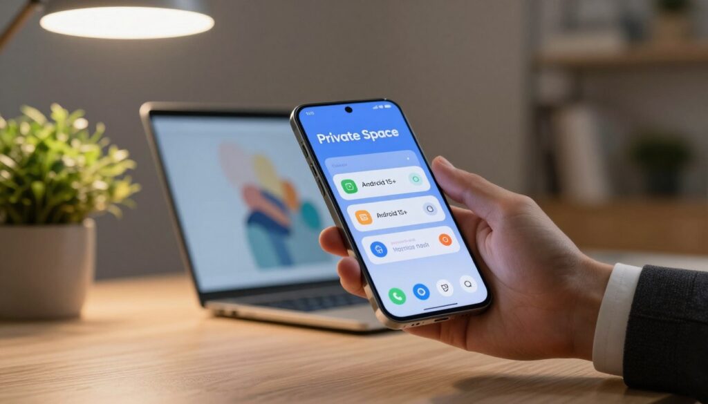 A sleek, modern smartphone displays an interface showcasing the "Private Space" feature, designed to be visually appealing and user-friendly. In the foreground, a hand, clad in professional business attire, interacts with the touch screen, selecting apps blended smoothly into a visually distinct, private area. The middle ground features a softly lit, stylish desk, adorned with a potted plant and a sleek laptop. The background hints at a cozy, contemporary office environment, softly illuminated by warm overhead lighting to create an inviting atmosphere. The overall mood is one of security and privacy, emphasizing the innovative features of Android 15+, with a focus on the importance of safeguarding personal applications.