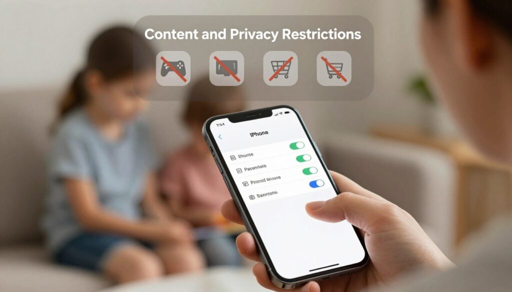 A split-screen illustration depicting "Content and Privacy Restrictions" on an iPhone. In the foreground, a close-up of a parent's hand using the device, with settings visible that showcase parental controls, like toggles for blocking inappropriate content. The middle section shows a muted screen with icons representing various apps and media content being restricted, like game controllers and shopping carts, all crossed out. In the background, a blurred family room setting suggests a safe environment where technology is managed wisely. Soft, warm lighting creates an inviting atmosphere, while a shallow depth of field emphasizes the device in focus. The overall mood conveys diligence and protection, highlighting the importance of privacy and content filtering for children.