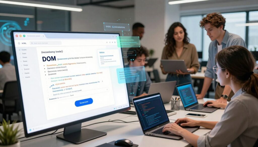A vibrant and dynamic digital workspace illustrating the concept of the DOM (Document Object Model) and JavaScript events. In the foreground, a large, semi-transparent webpage structure displays HTML elements like headers and clickable buttons, with animated JavaScript code snippets flowing in and around them, symbolizing interactivity. The middle ground features a diverse group of professionals in smart casual attire, engaged in discussion and collaboration over the webpage design, with laptop screens glowing softly to reflect coding activity. The background is a modern office environment with abstract tech-themed artwork, illuminated by soft, diffused lighting to create an innovative and inspiring atmosphere. The angle captures the energy of teamwork, with a slight tilt to give a sense of movement and dynamism, highlighting the active engagement with web technologies. A vibrant and dynamic digital workspace illustrating the concept of the DOM (Document Object Model) and JavaScript events. In the foreground, a large, semi-transparent webpage structure displays HTML elements like headers and clickable buttons, with animated JavaScript code snippets flowing in and around them, symbolizing interactivity. The middle ground features a diverse group of professionals in smart casual attire, engaged in discussion and collaboration over the webpage design, with laptop screens glowing softly to reflect coding activity. The background is a modern office environment with abstract tech-themed artwork, illuminated by soft, diffused lighting to create an innovative and inspiring atmosphere. The angle captures the energy of teamwork, with a slight tilt to give a sense of movement and dynamism, highlighting the active engagement with web technologies.