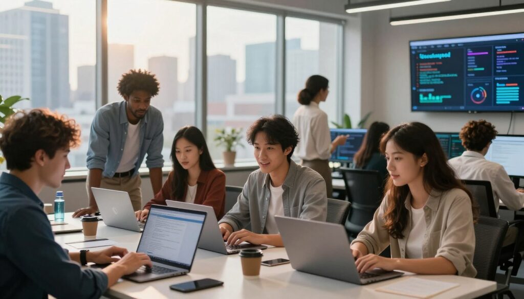 A vibrant and dynamic scene depicting a bustling job market focused on technology and programming. In the foreground, a diverse group of young professionals is engaged in animated discussions while working on laptops, dressed in smart casual attire. The middle ground features a modern office setting with large windows showcasing a city skyline, symbolizing growth and opportunity. In the background, visuals of digital screens displaying JavaScript code and infographics enhance the tech ambiance, illuminated by a warm, inviting light streaming through the windows. The overall atmosphere conveys excitement, inspiration, and a sense of urgency regarding learning JavaScript skills, capturing the essence of current job market trends. A vibrant and dynamic scene depicting a bustling job market focused on technology and programming. In the foreground, a diverse group of young professionals is engaged in animated discussions while working on laptops, dressed in smart casual attire. The middle ground features a modern office setting with large windows showcasing a city skyline, symbolizing growth and opportunity. In the background, visuals of digital screens displaying JavaScript code and infographics enhance the tech ambiance, illuminated by a warm, inviting light streaming through the windows. The overall atmosphere conveys excitement, inspiration, and a sense of urgency regarding learning JavaScript skills, capturing the essence of current job market trends.