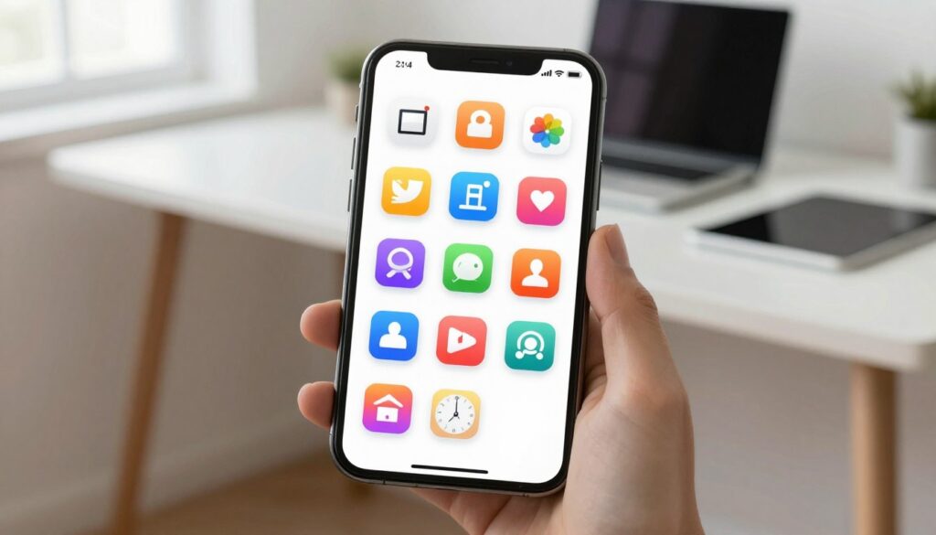 A vibrant and modern collection of app icons neatly arranged on a sleek smartphone screen. In the foreground, the smartphone displays a diverse array of colorful app icons, each uniquely designed, showcasing various themes such as productivity, health, social media, and entertainment. In the middle ground, a soft-focus background features a minimalist workspace, complete with a stylish desk and a subtle hint of technology like a laptop and tablet. The lighting is bright and natural, streaming in from a nearby window, creating an inviting and creative atmosphere. The composition should highlight the beauty and individuality of each icon, inspiring viewers to explore their own choices for customizing app icons.