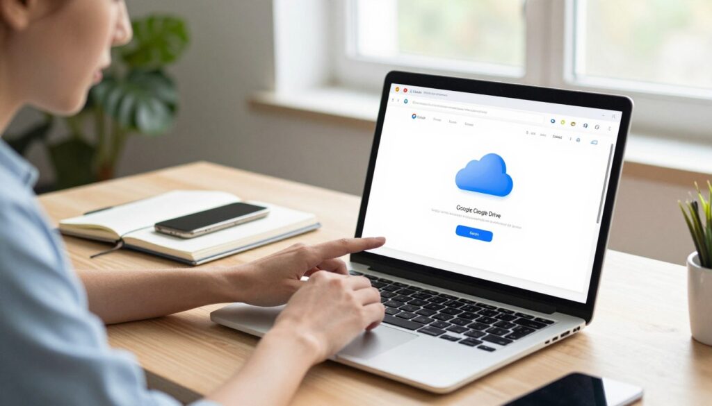 A vibrant and modern digital workspace showcasing synchronization with a Google account. In the foreground, a sleek laptop displays the Google Drive interface with various app icons and cloud storage options. To the left, a person in smart casual attire, focused and engaged, clicks the screen with a look of determination. The middle ground features a stylish desk cluttered with notebooks and a smartphone, seamlessly syncing with the laptop. In the background, a large window allows natural light to illuminate the scene, casting soft shadows, while a green plant adds a touch of freshness. The overall mood is productive and innovative, emphasizing the importance of cloud archiving and digital organization. A vibrant and modern digital workspace showcasing synchronization with a Google account. In the foreground, a sleek laptop displays the Google Drive interface with various app icons and cloud storage options. To the left, a person in smart casual attire, focused and engaged, clicks the screen with a look of determination. The middle ground features a stylish desk cluttered with notebooks and a smartphone, seamlessly syncing with the laptop. In the background, a large window allows natural light to illuminate the scene, casting soft shadows, while a green plant adds a touch of freshness. The overall mood is productive and innovative, emphasizing the importance of cloud archiving and digital organization.