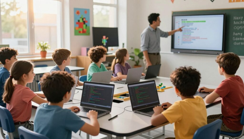 A vibrant classroom filled with children learning coding through the popular game Minecraft. In the foreground, a diverse group of kids, aged 8 to 12, are seated at desks with laptops open, actively engaged in coding exercises. They are dressed in colorful, casual clothing. The middle ground showcases a teacher guiding them, pointing at a screen displaying Minecraft code, fostering an atmosphere of collaboration and excitement. In the background, large windows let in warm sunlight, illuminating playful educational posters about coding. The mood is enthusiastic and focused, reflecting the engaging nature of learning through play. The angle is slightly above eye level, capturing the interaction between the students and the teacher, with a soft focus on the background. The lighting is bright and natural, enhancing the inviting environment.