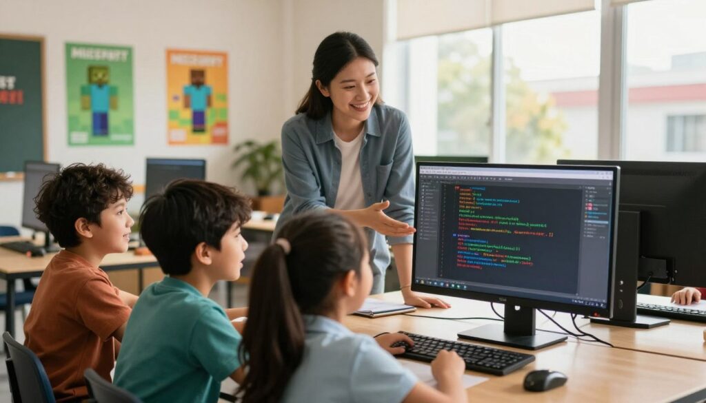 A vibrant classroom scene where children are engaged in learning coding through Minecraft. In the foreground, a diverse group of three children, two boys and a girl, are gathered around a computer screen displaying a Minecraft coding interface, showing their excitement and curiosity. The middle ground features a friendly teacher guiding them, dressed in smart casual attire, as they discuss coding concepts. In the background, colorful educational posters related to programming and Minecraft decorate the walls, and a large window lets in warm, natural light, creating an inviting atmosphere. The overall mood is energetic and inspiring, illustrating a hands-on learning environment. Use a slightly angled perspective to capture the interaction between the children and teacher, enhancing the sense of collaboration and discovery.