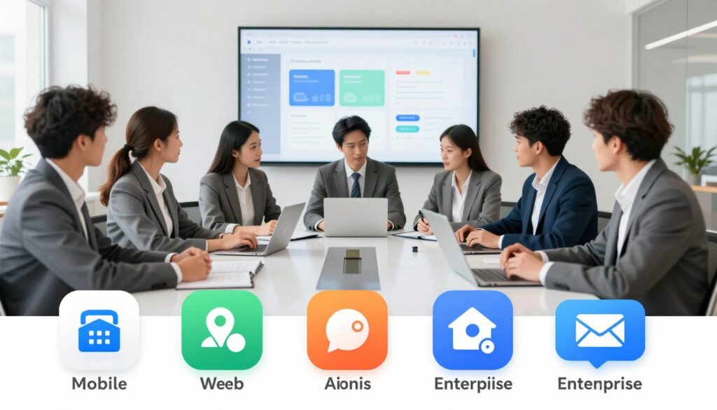A visually appealing and informative illustration showcasing different types of applications (mobile, web, desktop, enterprise) in a clean and modern style. In the foreground, depict various application icons representing each type, designed with distinct colors and shapes. In the middle, show a diverse group of professionals, dressed in business attire, discussing these applications around a sleek conference table. The background should include a digital workspace with large screens displaying app interfaces and their functionalities, creating a tech-savvy atmosphere. Use bright, even lighting to enhance clarity and professionalism, with a slight depth of field to focus on the foreground while subtly blurring the background, generating an engaging and informative mood that reflects innovation and collaboration. A visually appealing and informative illustration showcasing different types of applications (mobile, web, desktop, enterprise) in a clean and modern style. In the foreground, depict various application icons representing each type, designed with distinct colors and shapes. In the middle, show a diverse group of professionals, dressed in business attire, discussing these applications around a sleek conference table. The background should include a digital workspace with large screens displaying app interfaces and their functionalities, creating a tech-savvy atmosphere. Use bright, even lighting to enhance clarity and professionalism, with a slight depth of field to focus on the foreground while subtly blurring the background, generating an engaging and informative mood that reflects innovation and collaboration.