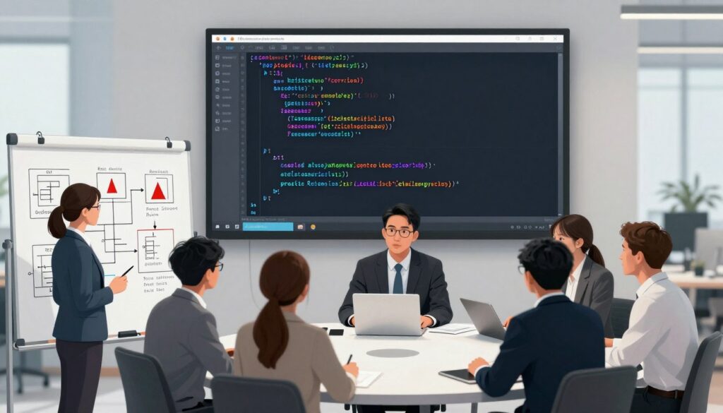A visually engaging illustration depicting classic synchronization problems in concurrent programming. In the foreground, a diverse group of professionals in business attire are deep in discussion around a whiteboard filled with diagrams and flowcharts representing concepts like race conditions, deadlocks, and semaphores. In the middle ground, a large computer screen shows code snippets with highlighted syntax errors related to synchronization issues. The background features a modern office environment with soft, diffused lighting, creating a focused and collaborative atmosphere. Use a wide-angle lens for depth, emphasizing the dynamics between team members and their interaction with technology, conveying a sense of urgency and problem-solving. A visually engaging illustration depicting classic synchronization problems in concurrent programming. In the foreground, a diverse group of professionals in business attire are deep in discussion around a whiteboard filled with diagrams and flowcharts representing concepts like race conditions, deadlocks, and semaphores. In the middle ground, a large computer screen shows code snippets with highlighted syntax errors related to synchronization issues. The background features a modern office environment with soft, diffused lighting, creating a focused and collaborative atmosphere. Use a wide-angle lens for depth, emphasizing the dynamics between team members and their interaction with technology, conveying a sense of urgency and problem-solving.