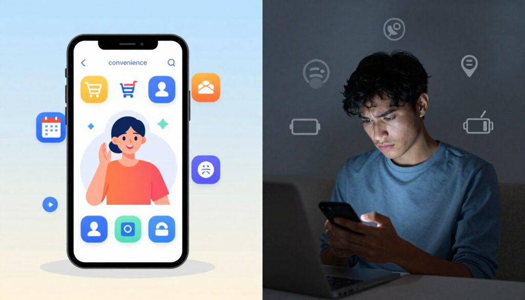 A visually engaging split-screen illustration depicting the advantages and disadvantages of mobile applications. On the left side, feature a modern smartphone with a user happily accessing useful apps, surrounded by bright elements representing benefits such as convenience, connectivity, and productivity. Include icons of popular apps like a shopping cart, calendar, and social media platforms in a vibrant color palette. On the right side, show a concerned user looking at a phone with symbols of drawbacks, such as privacy issues, screen addiction, and battery drain, all dimmed with cooler tones. The background should be a soft gradient to enhance the contrast between the two sides. Use gentle, natural lighting to evoke a balanced mood, focusing on clarity and detail to capture the theme of mobile app utility. A visually engaging split-screen illustration depicting the advantages and disadvantages of mobile applications. On the left side, feature a modern smartphone with a user happily accessing useful apps, surrounded by bright elements representing benefits such as convenience, connectivity, and productivity. Include icons of popular apps like a shopping cart, calendar, and social media platforms in a vibrant color palette. On the right side, show a concerned user looking at a phone with symbols of drawbacks, such as privacy issues, screen addiction, and battery drain, all dimmed with cooler tones. The background should be a soft gradient to enhance the contrast between the two sides. Use gentle, natural lighting to evoke a balanced mood, focusing on clarity and detail to capture the theme of mobile app utility.