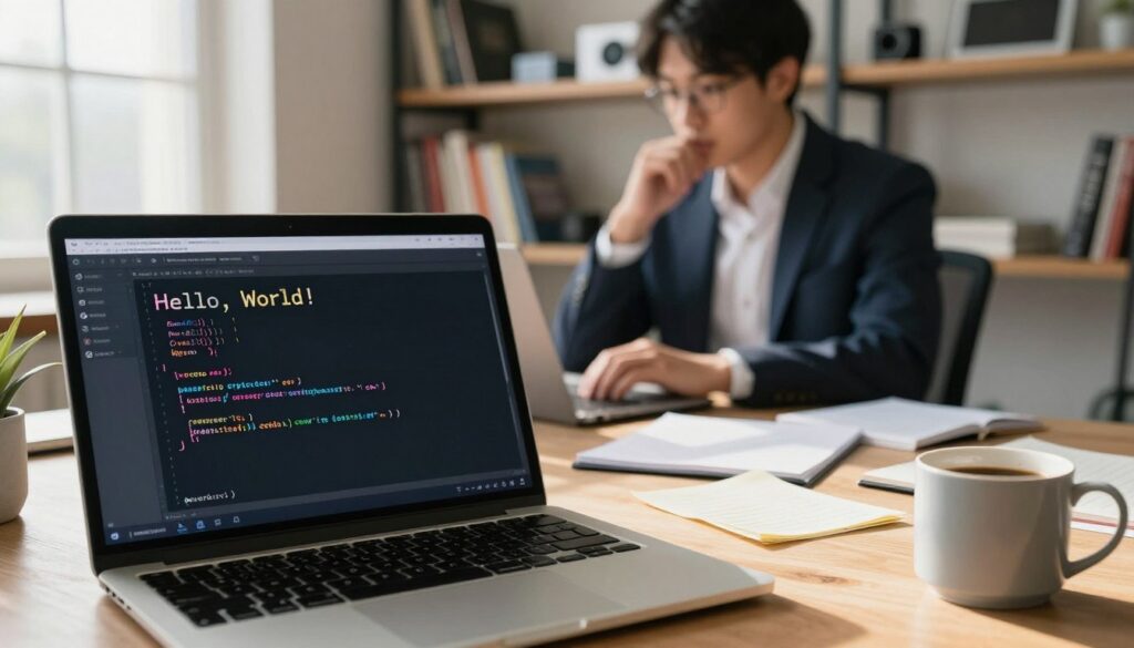 A visually engaging workspace that reflects the theme of learning to code. In the foreground, a close-up of a laptop screen displaying the iconic "Hello, World!" code snippet in a sleek, modern IDE interface. Surrounding the laptop, scattered notes and a coffee mug give a casual yet focused atmosphere. In the middle background, a person in professional business attire sits at the desk, intently coding, with thoughtful expressions. Soft, natural lighting filters in from a nearby window, casting gentle shadows that enhance the scene's warmth. The background reveals bookshelves filled with programming books and tech gadgets, enhancing the scholarly vibe. The overall mood is inspirational, symbolizing the journey of a novice programmer embarking on their first coding adventure. A visually engaging workspace that reflects the theme of learning to code. In the foreground, a close-up of a laptop screen displaying the iconic "Hello, World!" code snippet in a sleek, modern IDE interface. Surrounding the laptop, scattered notes and a coffee mug give a casual yet focused atmosphere. In the middle background, a person in professional business attire sits at the desk, intently coding, with thoughtful expressions. Soft, natural lighting filters in from a nearby window, casting gentle shadows that enhance the scene's warmth. The background reveals bookshelves filled with programming books and tech gadgets, enhancing the scholarly vibe. The overall mood is inspirational, symbolizing the journey of a novice programmer embarking on their first coding adventure.