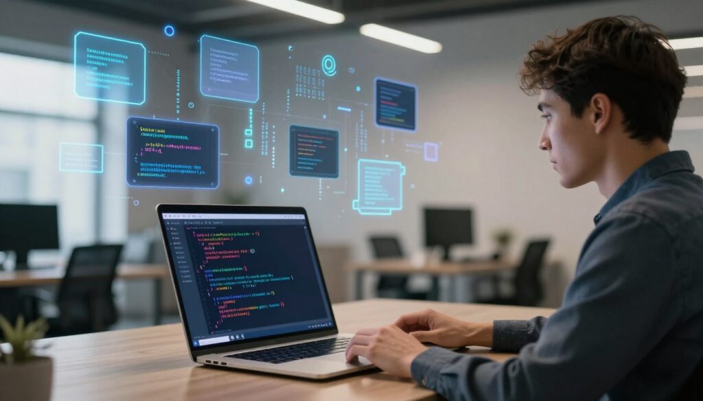 A visually striking image focused on the concept of C++ templates and metaprogramming, featuring a stylized laptop displaying vibrant code snippets in a sleek programming environment. In the foreground, a confident programmer, dressed in smart casual attire, is intently observing the screen. The middle ground showcases floating geometric shapes symbolizing templates and generics, interspersed with glowing binary code. The background depicts a modern office space with soft, diffused lighting, casting gentle shadows that create a calm, focused atmosphere. The scene should convey an innovative and professional mood, emphasizing the sophistication and power of advanced programming solutions. Use a wide-angle perspective to capture the entire setting, enhancing the visual depth and technical allure.