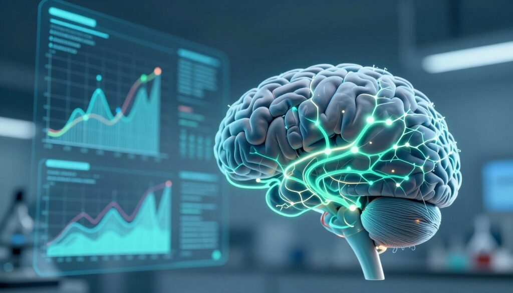 A visually striking representation of predictive processing in brain sciences. In the foreground, a digital brain model intricately connected with glowing neural pathways, symbolizing data flow. The middle ground features abstract graphs and data visualizations, demonstrating analysis and patterns, amidst a backdrop of soft, blurred laboratory elements, hinting at scientific research. The lighting is a balanced mix of cool blues and greens, creating a futuristic atmosphere. The scene is captured at a slight upward angle, emphasizing the complexity and dynamism of brain function. The overall mood is intellectually stimulating and innovative, reflecting the cutting-edge nature of predictive programming in neuroscience. A visually striking representation of predictive processing in brain sciences. In the foreground, a digital brain model intricately connected with glowing neural pathways, symbolizing data flow. The middle ground features abstract graphs and data visualizations, demonstrating analysis and patterns, amidst a backdrop of soft, blurred laboratory elements, hinting at scientific research. The lighting is a balanced mix of cool blues and greens, creating a futuristic atmosphere. The scene is captured at a slight upward angle, emphasizing the complexity and dynamism of brain function. The overall mood is intellectually stimulating and innovative, reflecting the cutting-edge nature of predictive programming in neuroscience.