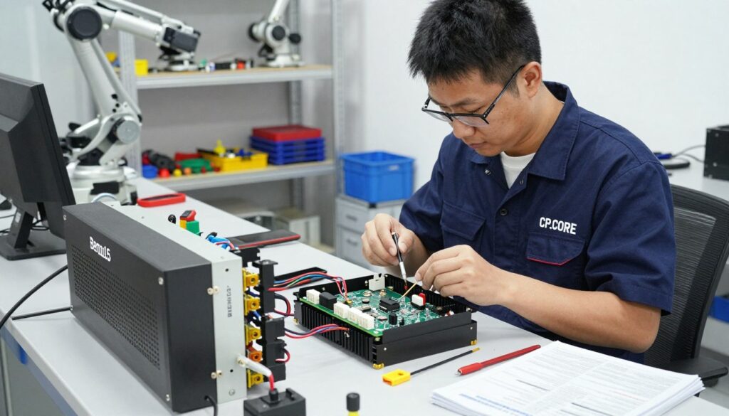 A well-lit workshop environment featuring a professional technician in a business casual outfit, carefully assembling a Beninca Bull 5 control unit. In the foreground, display the intricate components of the CP.CORE control panel, emphasizing the circuit boards, wires, and connection ports. The middle ground should showcase the technician's focused expression, with tools and installation manuals nearby, while in the background, include shelves stocked with tools and other robotic components. The lighting should be bright and even, creating a clear and detailed view of the installation process. The atmosphere is technical and methodical, conveying a sense of precision and professionalism in the mounting and preparatory stages of configuration.