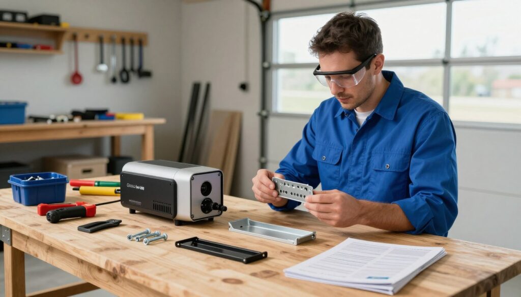 A well-lit workshop setting, focusing on the installation preparation of the Genius G-Bat 300 gate opener system. In the foreground, a professional in a crisp blue shirt and safety goggles examines the equipment, holding installation components, including brackets and screws. Surrounding them, neatly organized tools and a detailed user manual lie on a sturdy wooden workbench. In the middle, the Genius G-Bat 300 system is partially assembled, showcasing its sleek design and technical components. The background features a spacious garage with tools hanging on the walls and a large window allowing natural light to flood in. The mood is focused and industrious, highlighting the careful preparation necessary for a successful installation. Shot from a slight angle to provide depth.