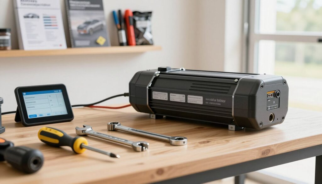 A well-organized workspace focused on preparing a Somfy garage door drive system. In the foreground, a neatly arranged array of tools including a screwdriver, wrench, and a small digital touchscreen displaying configuration options. In the middle, a partially assembled garage door motor with wires and connectors visible, showcasing details such as labels and ports. The background features a wall-mounted shelf with user manuals and spare parts, emphasizing a professional setup. Soft, natural lighting floods the scene from a nearby window, creating a warm and inviting atmosphere. Use a shallow depth of field to keep the focus on the tools and motor while giving a hint of the background. The overall mood conveys readiness and professionalism in preparation for the configuration process. A well-organized workspace focused on preparing a Somfy garage door drive system. In the foreground, a neatly arranged array of tools including a screwdriver, wrench, and a small digital touchscreen displaying configuration options. In the middle, a partially assembled garage door motor with wires and connectors visible, showcasing details such as labels and ports. The background features a wall-mounted shelf with user manuals and spare parts, emphasizing a professional setup. Soft, natural lighting floods the scene from a nearby window, creating a warm and inviting atmosphere. Use a shallow depth of field to keep the focus on the tools and motor while giving a hint of the background. The overall mood conveys readiness and professionalism in preparation for the configuration process.