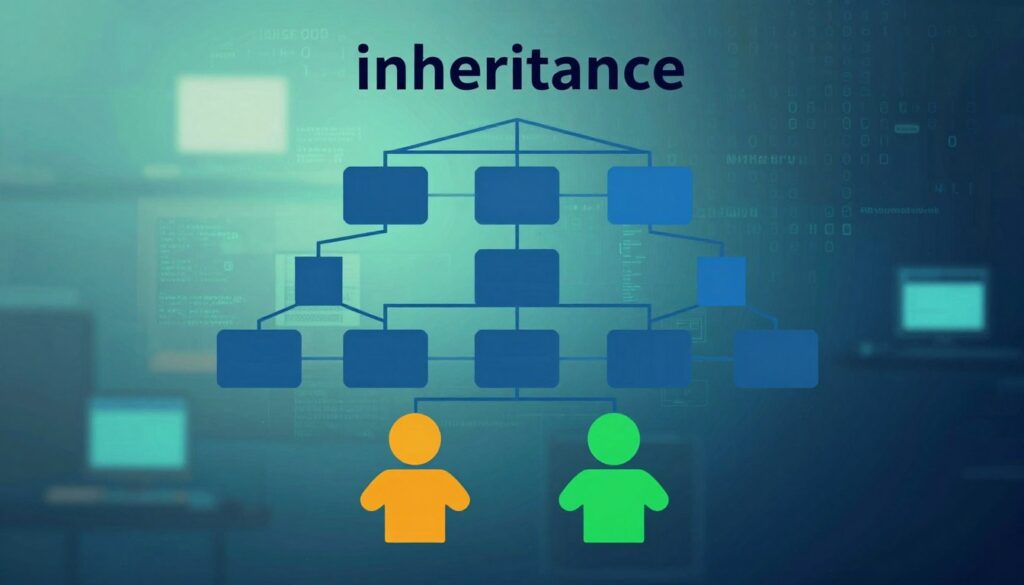 An artistic representation of "inheritance" in object-oriented programming, featuring a visually striking hierarchical tree structure formed by interconnected geometric shapes and lines. In the foreground, two distinct colors represent parent and child classes, creating a sense of depth and differentiation. The middle ground showcases intricate pathways connecting various classes, symbolizing class relationships and Method Resolution Order (MRO). In the background, a soft gradient indicating a tech-inspired atmosphere, with subtle binary code patterns fading into view, accentuating the programming theme. Light sources resemble computer screens, casting a cool blue-green glow, creating a modern and professional ambiance. The image should evoke a sense of clarity and order, suitable for a technical article on Python OOP principles, with no text or additional elements distracting from the visual concept.