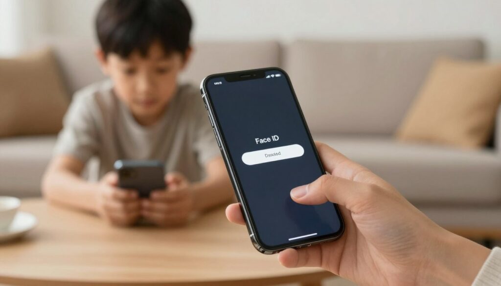 An iPhone displaying a blocked Face ID access screen, featuring a blurred background of a cozy living room. In the foreground, a close-up of the phone screen shows a graphical warning indicating that Face ID access is disabled. On the middle ground, there is a table with a parent holding the iPhone, dressed in modest casual clothing, looking thoughtfully while interacting with the device. Soft, warm lighting creates a welcoming atmosphere, illuminating the scene with a natural glow. The focus is on the phone and the user’s hand, while the background is subtly out of focus to emphasize the action of blocking app access. The overall mood conveys a sense of parental control and digital safety.